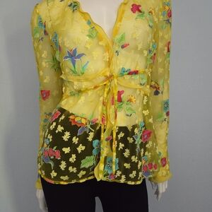 1997 Gianni Versace Couture Runway Sheer Yellow Floral Button Plunge Top 44/10